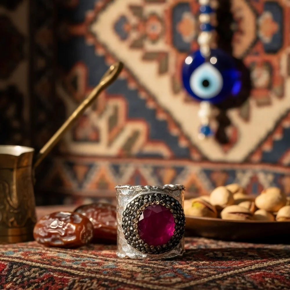 Boho Glam Ruby Gemstone Adjustable Turkish Handmade Wide Silver-Plated Ring